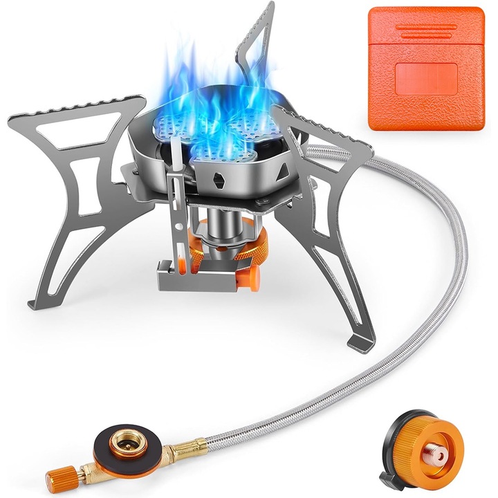 Aragaz camping, Begleri®, Cu adaptor rezervor de combustibil, Aprindere piezo, portabila pliabila, Pentru drumetii picnic, Putere de foc puternica de 5800W, Argintiu