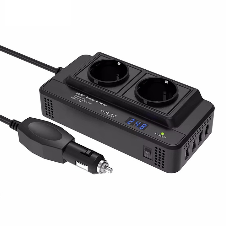 Преносим инвертор на напрежение, 12V автомобилен контакт към 200W двоен EU контакт, Redkid®, 167*87*46mm, 2 x 220V контакта и 4 x USB порта, Устойчив на високи температури от 90°C, Защита от претоварване, Черен