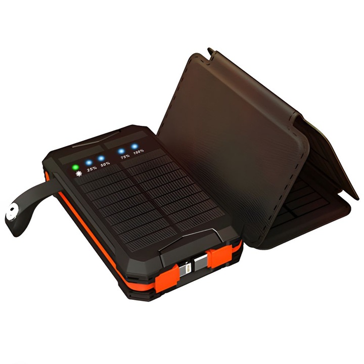 Linomag Napelemes Power Bank, 8000 mAh, 4 Panel, Lightning/USB-C Kábelekkel, Vízálló, Fekete/Narancs, 11.4 x 6.8 cm