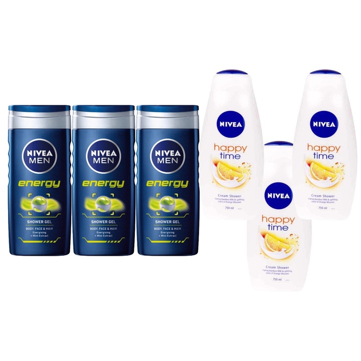 Nivea Variety Set 6 x komponens, 3 x tusfürdő 250 ml férfi energia, 3 x habzó/tusfürdő 750 ml happy time narancs, hatékony tisztítás, intenzív hidratálás, könnyű felvitel, megelőzi az irritációt, hosszan tartó frissesség, bőrgyógyászatilag tesztelt