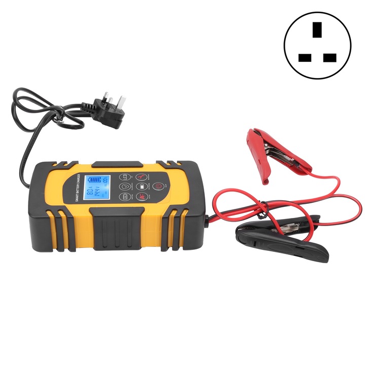 Jormftte DC-80 akkumulátortöltő, 12V/24V, túlfeszültség-védelem, sárga színű, méretei 17x8.8x6cm