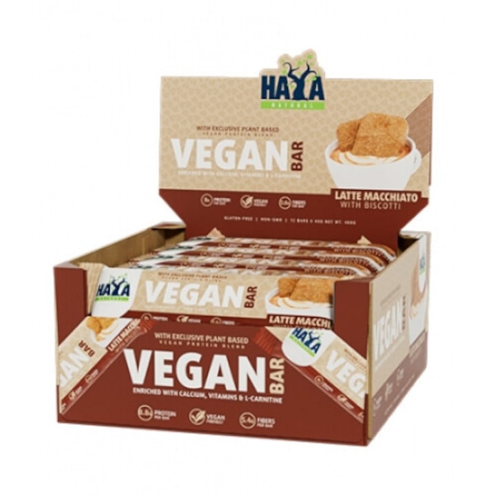 Supliment Alimentar, Haya Labs, Vegan Bar cutie, Latte Macchiato cu Biscotti, 12 X 40 g