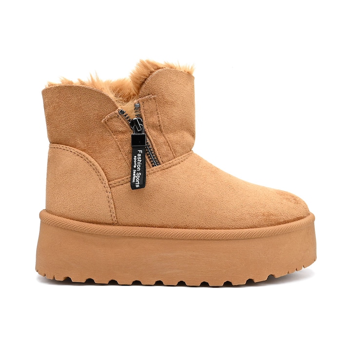 Cizme de dama, Din piele ecologica intoarsa, imblanite, CD1017, Camel 39