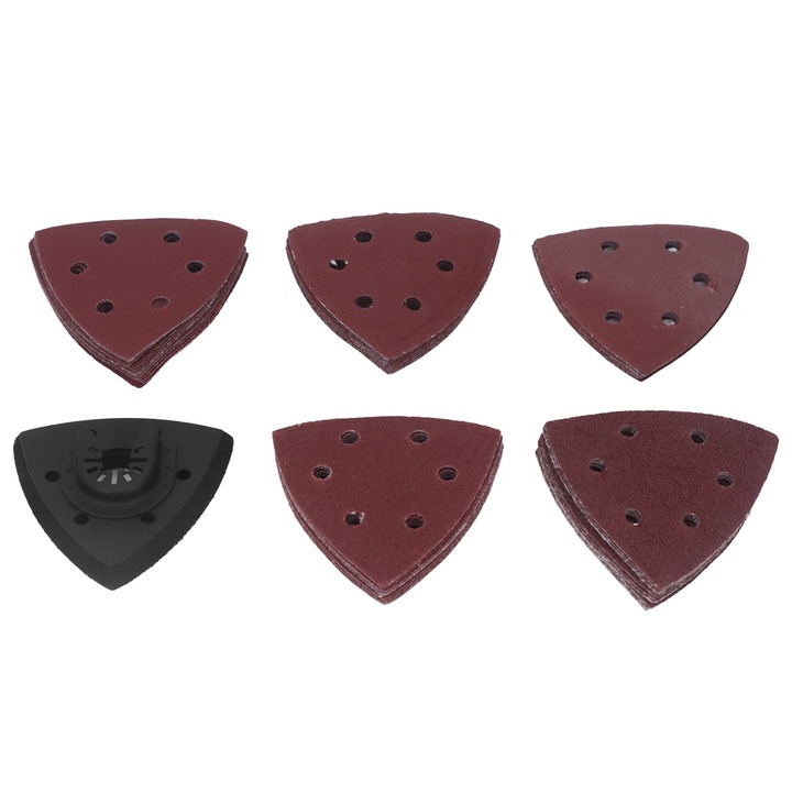 Enforose 51 db-os Csiszolólap készlet tartó adapterrel, háromszög, 6 poreltávolító lyuk, 90 mm, fához és fémhez