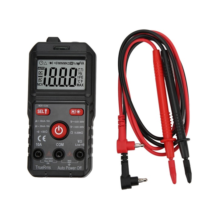 Multimetru digital portabil, Longziming, UA20, masurare tensiune AC/DC 600V, curent 10A, compact, negru