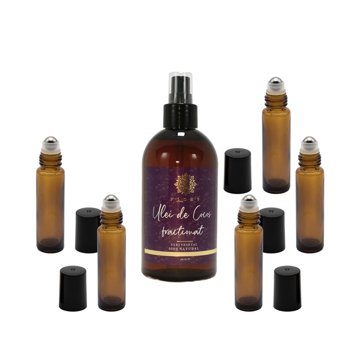 Комплект Фракционирано кокосово / Caprilis масло 250 мл и 5 броя кафяви стъклени рол-он контейнери 10 мл, Flory
