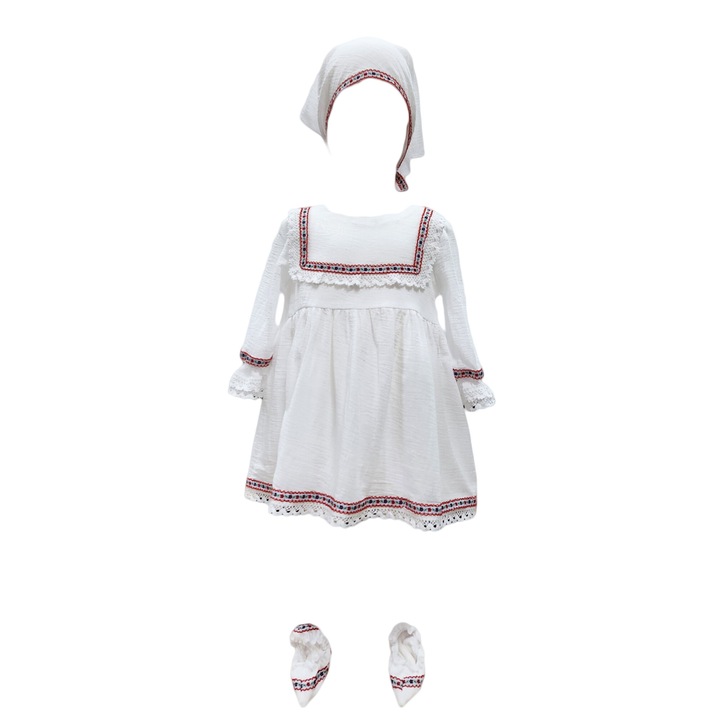 Costum botez traditional pentru fete, 3 piese, culoare alba, varsta 9-12 luni