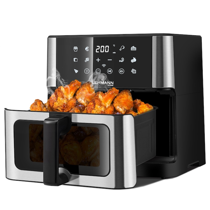 Фритюрник с горещ въздух, без масло, Lehmann Aromato, Airfryer 1800W, 10L, Wi-Fi, прозорец за преглед, сензорен екран, 55-200°C, 10 предварително зададени функции за готвене, 34x34.5x39.7cm, 7.5 kg, черен