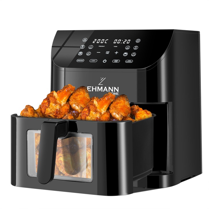 Friteuza cu aer cald, fara ulei, Lehmann Gusto, Airfryer 1800W, 8L, fereastra de previzualizare, Ecran digital, iluminat interior, 10 functii de gatire presetate, 37.6x31x35.5cm, 5.8kg, Negru