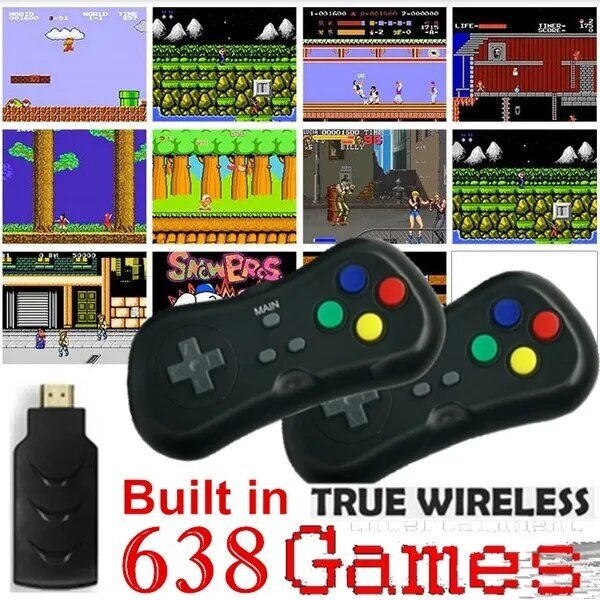 Consola cu 620 de jocuri, wireless, HDMI, cu 2 manete si stick, design portabil si compact, dimensiuni consola 9,3 x 3 x 1 cm, functionare cu baterii, negru