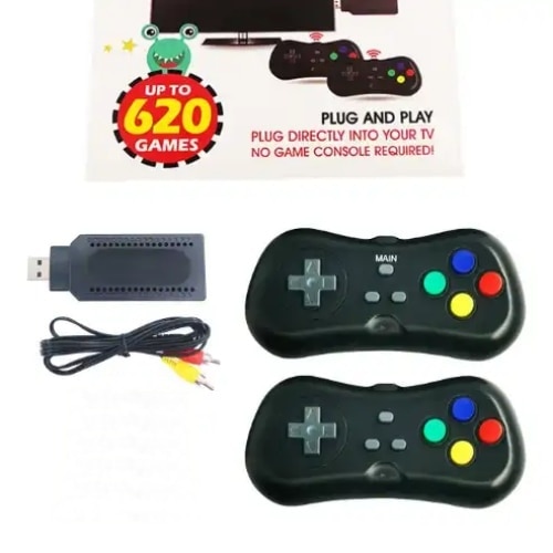 Consola cu 620 de jocuri, wireless, HDMI, cu 2 manete si stick, design portabil si compact, dimensiuni consola 9,3 x 3 x 1 cm, functionare cu baterii, negru