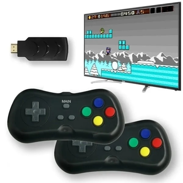 Consola cu 620 de jocuri, wireless, HDMI, cu 2 manete si stick, design portabil si compact, dimensiuni consola 9,3 x 3 x 1 cm, functionare cu baterii, negru