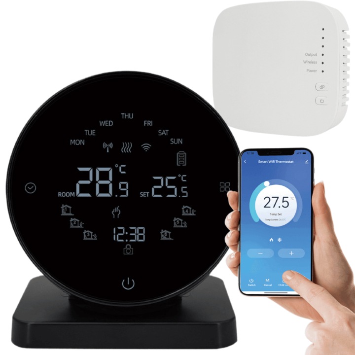 Интелигентен кръгъл безжичен термостат MOGODA®, WiFi програмируем от телефонното приложение Tuya или Smart Life, Съвместим с всяка система за централно отопление, Smart WIFI функции, Съвместим с Alexa и Google Assistant, Черен