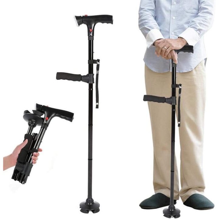 Baston Ortopedic Pliabil cu Sprijin la Sol in 4 Puncte, Chris Badzi 369®, Maner cu Lanterna LED Stralucitoare, Reglabil pe Inaltime, Potrivit pentru Ambele Maini, Ideal pentru Batrani sau Persoanele dupa Accidente sau Rani, Dimensiuni 85 – 97 cm, Negru