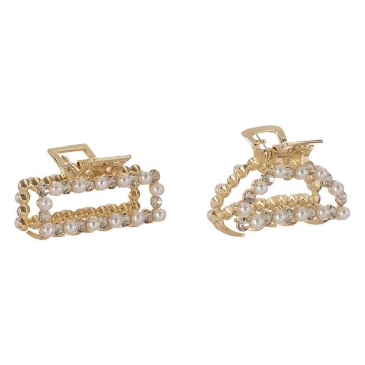 Set 2 clame pentru par Antbro® in forme diferite de culoare aurie cu perle albe si stras, 5cm