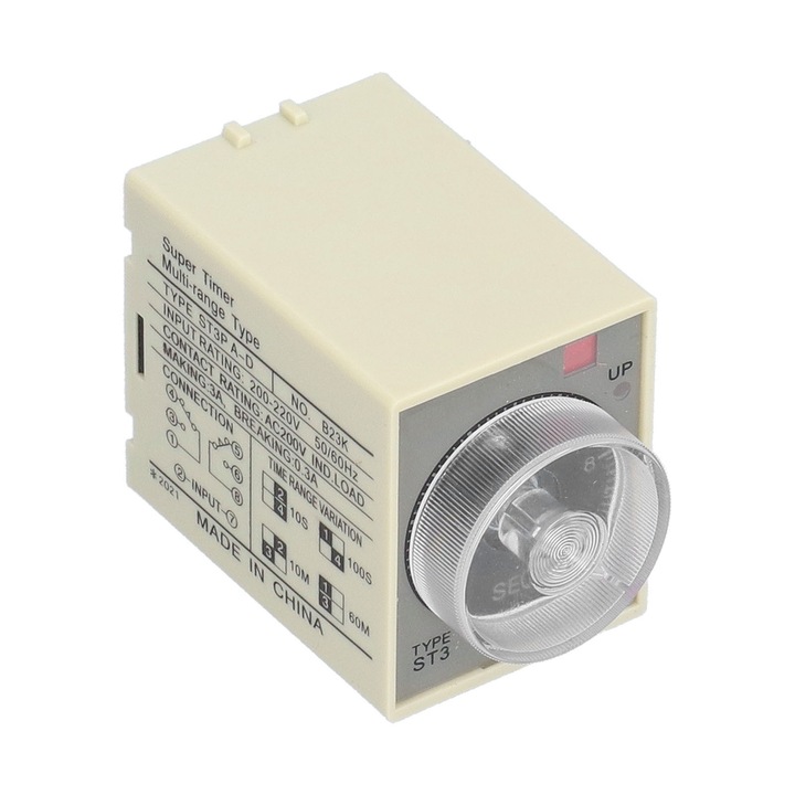 Releu de timp Enforose, model ST3PA-D, interval de intarziere reglabil 1S-60M, 200-220V, 2 contacte