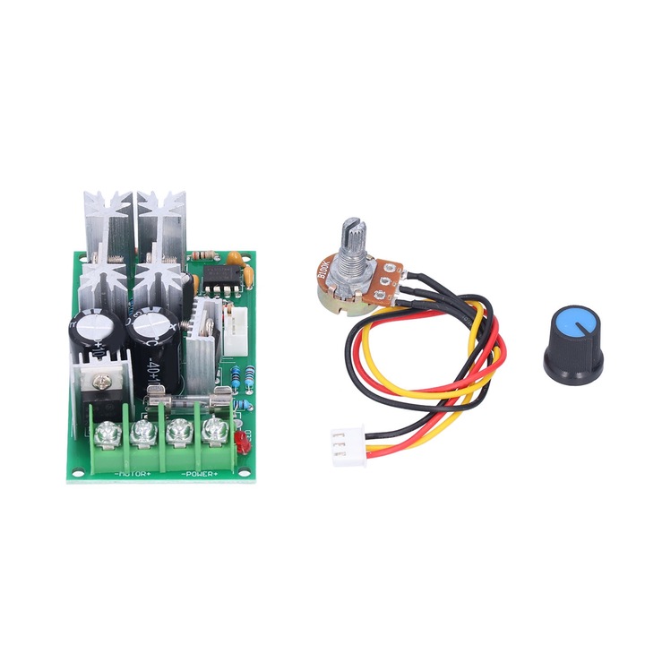 Regulator viteza motor DC10-60V, Enforose, 1200W, 20A, cu potentiometru, dimensiuni 77x45x28mm pentru parti mecanice