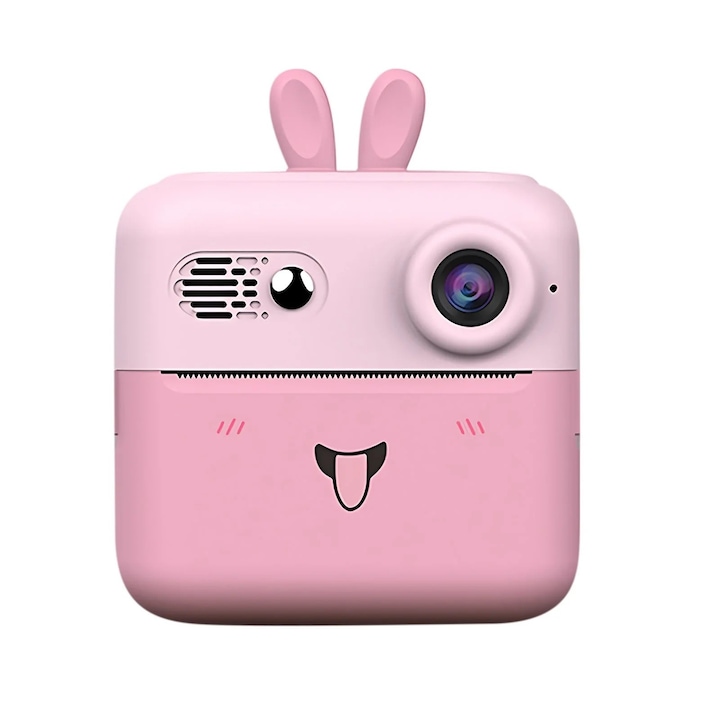 Set Camera Foto Copii cu Printare Instant, 24MP, Video HD, Bluetooth, App iOS/Android, Model Iepuras Roz, 3+ ani
