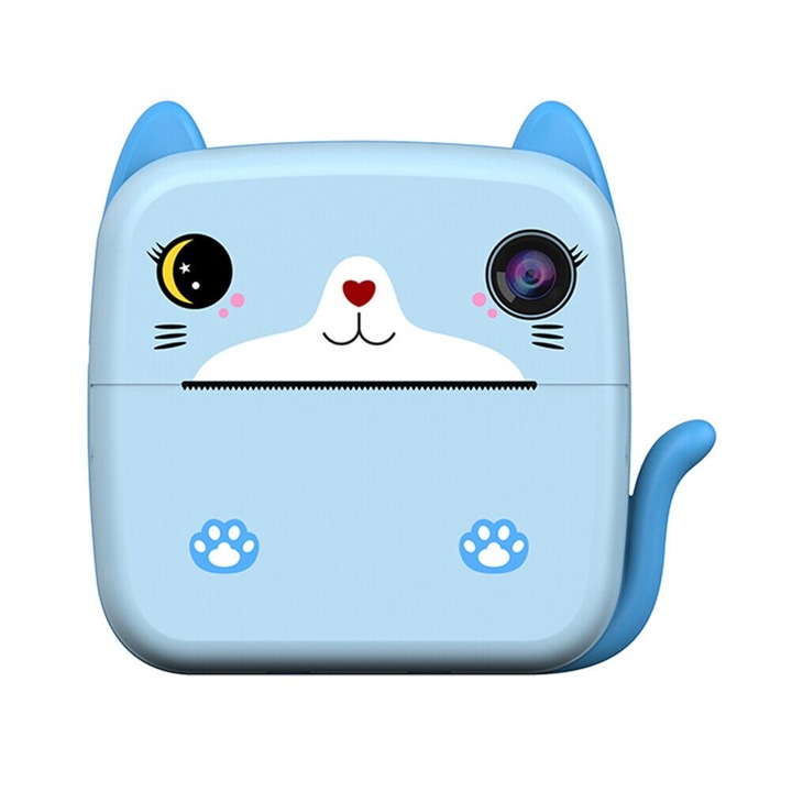 Комплект моментна камера за деца, Flippy, 2,4" HD екран, 24MP, 720P видео, 1200mAh, с черно-бял печат, USB-C кабел, Bluetooth, iOS/Android съвместим, APP Printing, Kitty Pattern, син