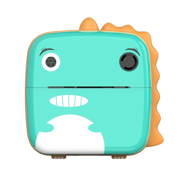 Комплект моментна камера за деца, Flippy, 2,4" HD екран, 24MP, 1200 mAh, с черно-бял печат, USB-C кабел, Bluetooth, iOS/Android съвместим, модел на динозавър, тюркоаз