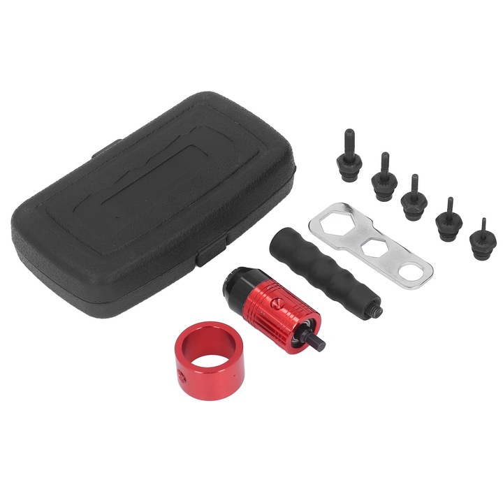 Adaptor pentru pistol de nituit, Enforose, set cu 5 piulite, rosu/negru, cutie de depozitare