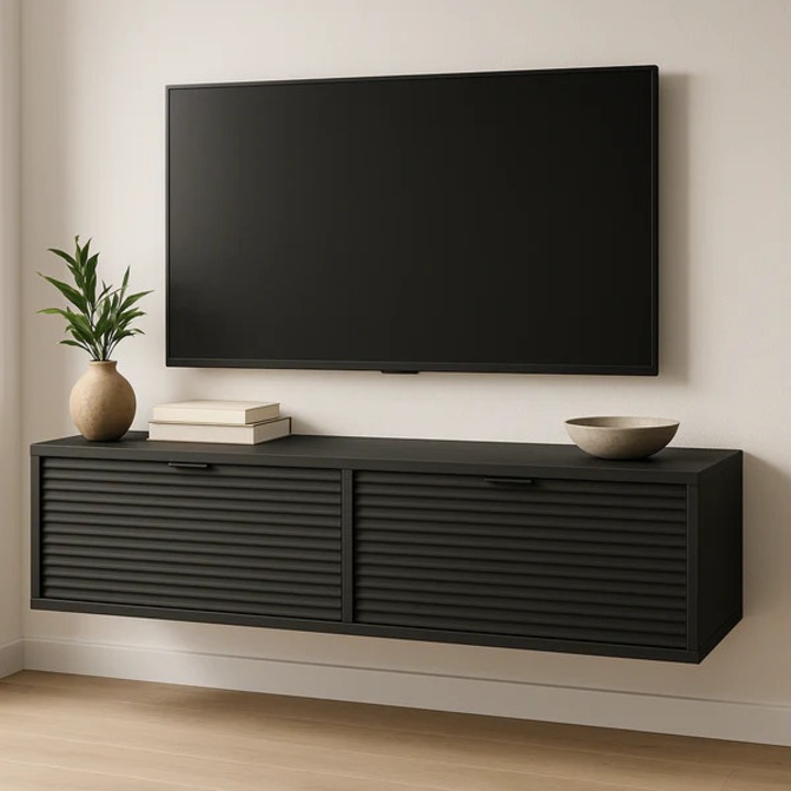 Cabinet RTV WENA agatat, fronturi canelate Aura, 140x30x33 cm, Negru