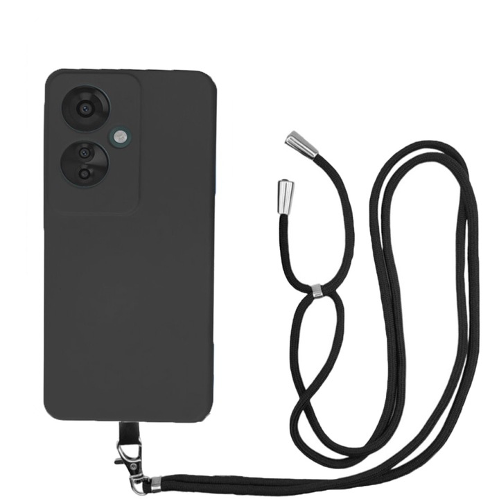 Калъф, съвместим с Oppo Reno 11F 5G, Sport Body Lanyard Case, Свалящ се кабел, Регулируема дължина, 80 см, Противоплъзгащ силикон, Микрофибърна вътрешност, Черен