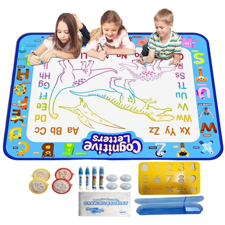 Varázsszőnyeg firkáláshoz, 100x80cm, oktatójáték, készlet 4 tollal és 4 bélyegzővel, kék, 2-6 éves gyerekeknek