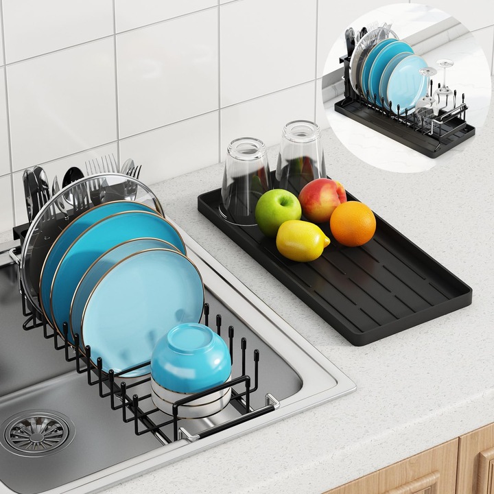 Scurgator vase LYCENXI, mini, extensibil, cu suport pentru tacamuri, negru, 13.5x16.5x15cm