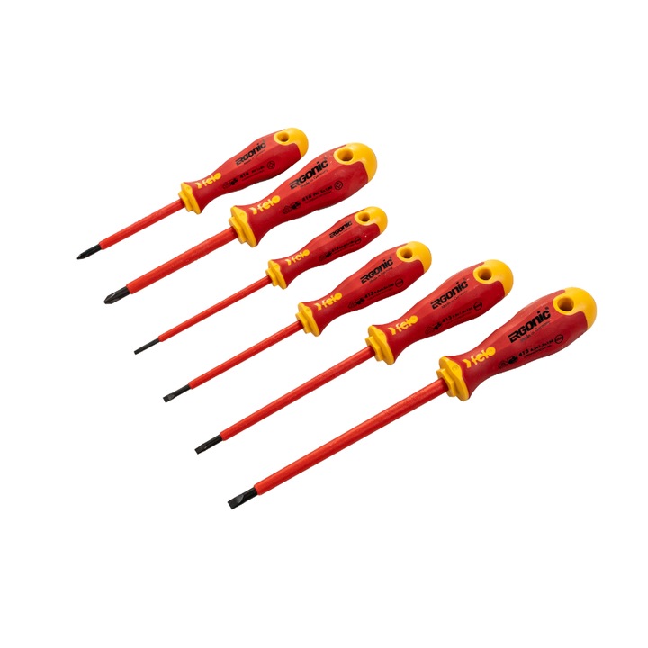 Комплект от 6 изолирани отвертки Felo 400 VDE ERGONIC, 3x100mm, 4x100mm, 5.5x125mm, 6.5x150mm, PH1x80mm, PH2x100mm