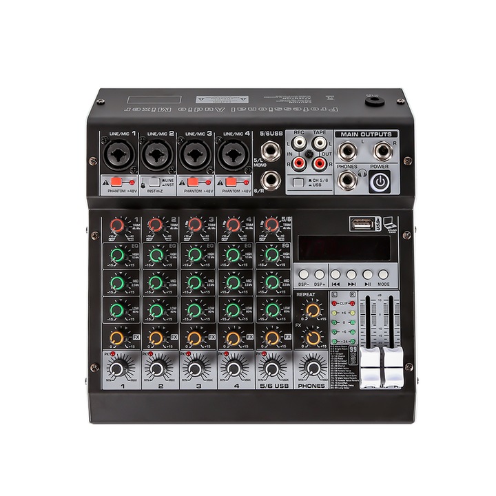 Mixer audio profesional BOMGE 6 canale, efecte DSP 99, interfata audio USB, alimentare fantoma +48V, Bluetooth, Placa de sunet, Potrivit pentru petreceri profesionale de inregistrare, KTV si scena