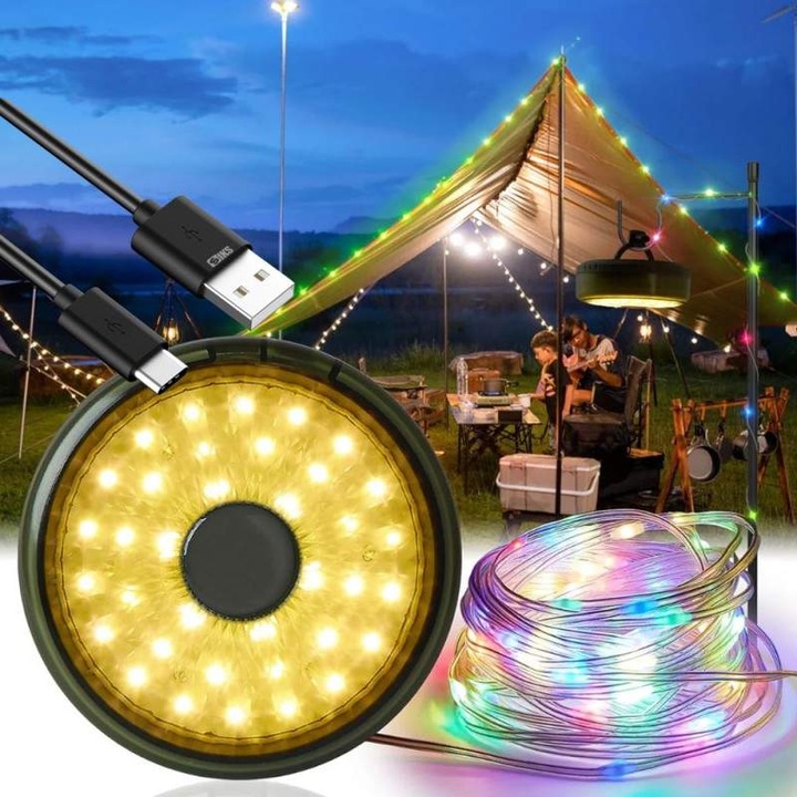 Ghirlanda Luminoasa Camping SIKS, Cu Lanterna Si Functie De Baterie Externa, 10 m, 8 moduri de iluminare, LED, Reincarcare Tip USB, Portabila, Agatatoare, Gri