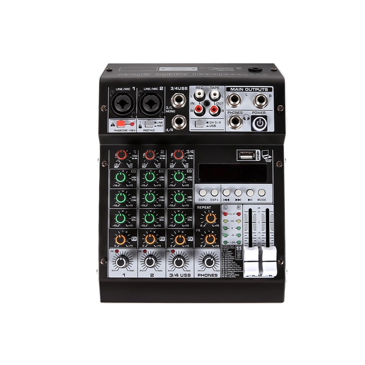 Mixer audio profesional 4 canale BOMGE, 99DSP, Bluetooth9, interfata audio USB, alimentare fantoma +48V, Placa de sunet, Potrivit pentru petreceri profesionale de inregistrare, KTV si scena