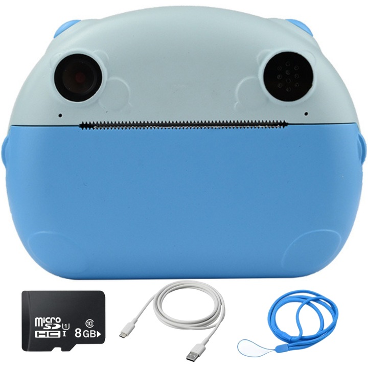 Azonnali kamera gyerekeknek, SMARTIC®, SRKDC-0013BA modell, fotó, videó, nyomtatási funkciók, 8 GB-os micro SD kártya, integrált játékok, nyomtatógörgők, MP3, szelfi mód, integrált keretek, USB Type-C, kék