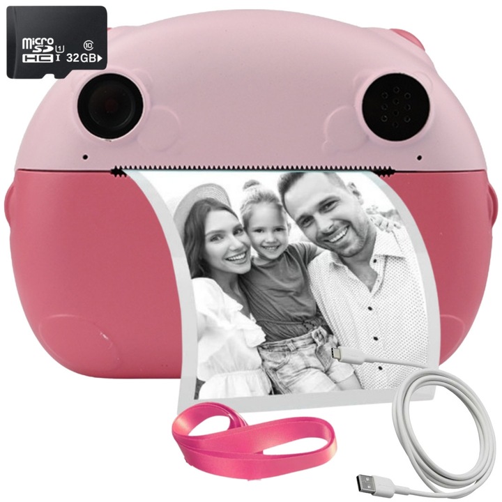 Aparat foto pentru copii SMARTIC®, rezolutie Full HD 1080p, baterie 1000mAh, ecran 2.0 inch, card memorie 32 GB, functie de printare instant, jocuri integrate, MP3, mod selfie, USB type-C, roz