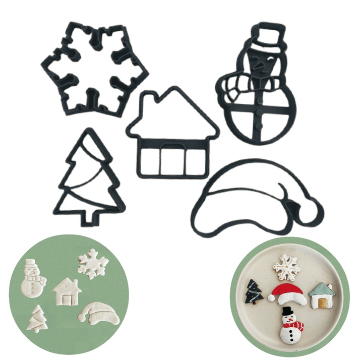 Set 5 forme de taiat biscuiti, fursecuri, prajituri, fondant, lut, din plastic, Tema Craciun, negru