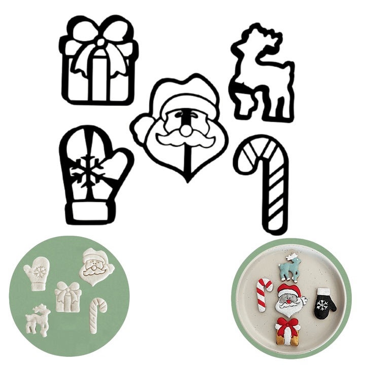 Set 5 forme de taiat biscuiti, fursecuri, prajituri, fondant, lut, din plastic, Tema Craciun, negru, Model 2