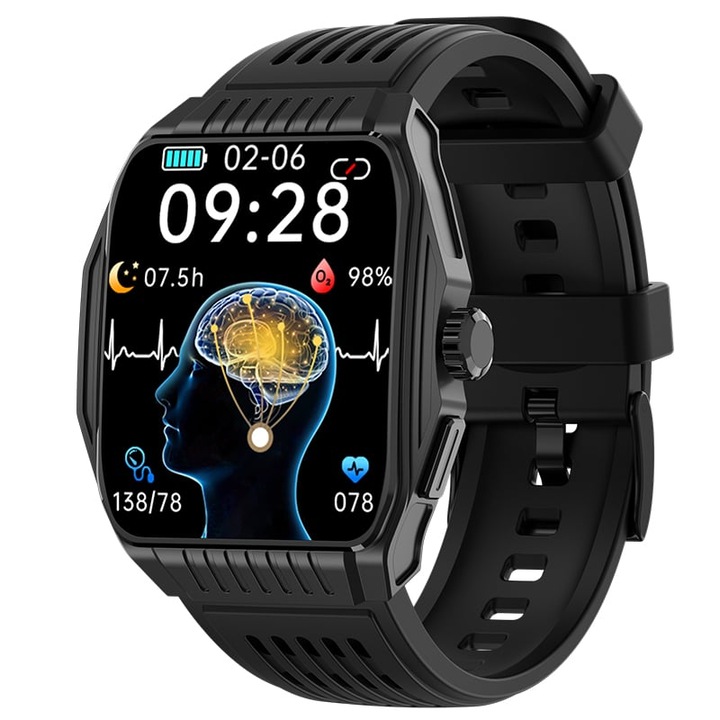 Smartwatch iSEN JT03 Negru, 1.85" HD, Imbunatatire somn, Glicemie, PPG+ECG, HR, Apel Bt, SOS, Asist. vocal, Ingrijire de la distanta