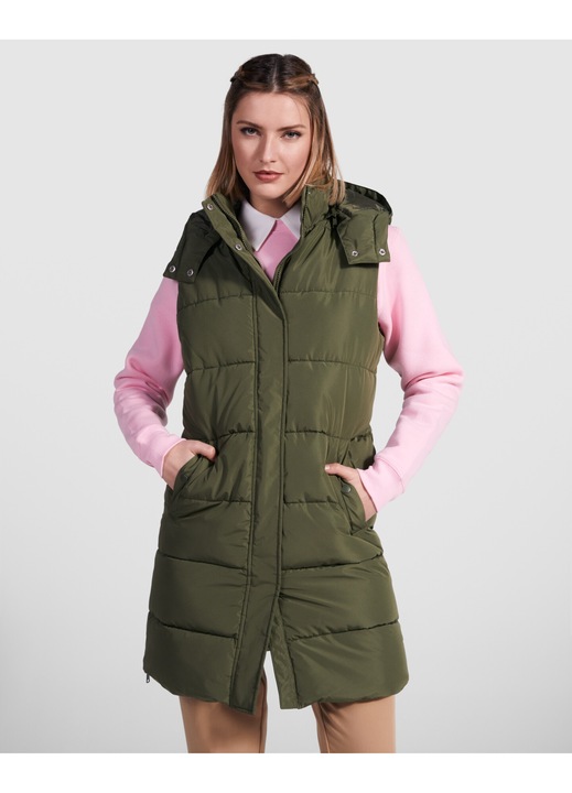 Vesta dama impermeabila, calduroasa, captusita, guler inalt, buzunare laterale, gluga cu capse detasabila, deschideri laterale cu fermoare, Verde Militar, 2XL