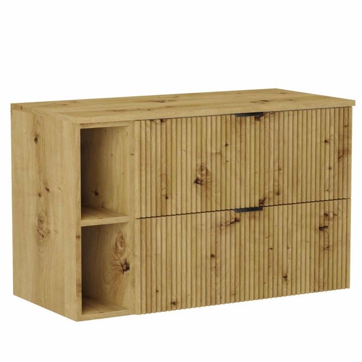 Dulap pentru lavoar Wena Meble, cu raft, fronturi canelate Willy, 100x60x47 cm, Stejar artizanal