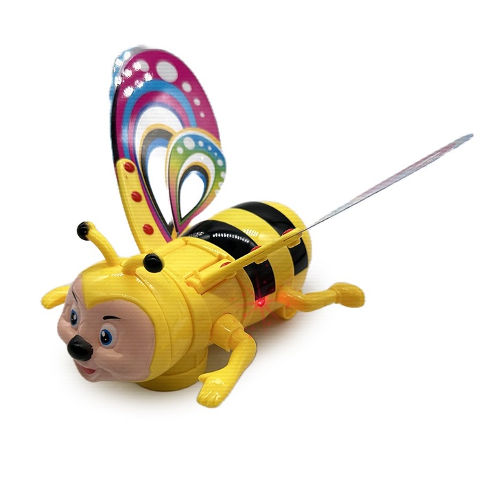 Jucarie interactiva, BumbleBee, albinuta care da din aripi, lumineaza, canta, mecanism Bump and Go, galben, 15 cm, + 3 ani, Vision XXI
