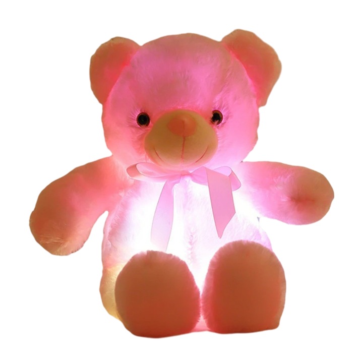 Ursulet de plus luminos cu lumini LED Mixbo, lumina de veghe, pufos, 30 cm, roz