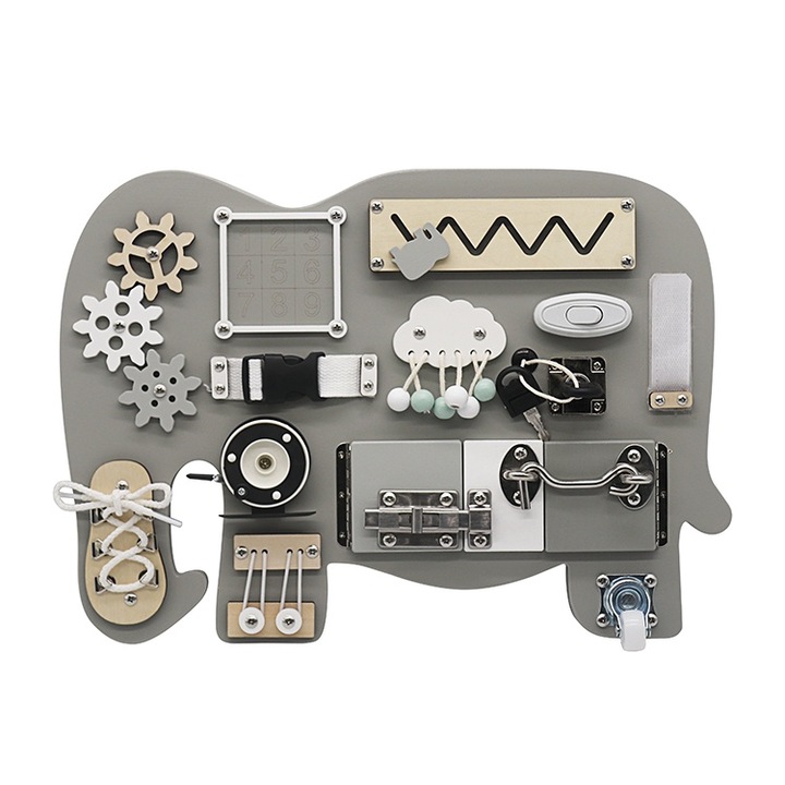 Сензорна дъска Монтесори 14 в 1 от естествено дърво - играчка Busy Cici Indiggo® за развитие на фината моторика, концентрация и координация, множество дейности, многоцветен