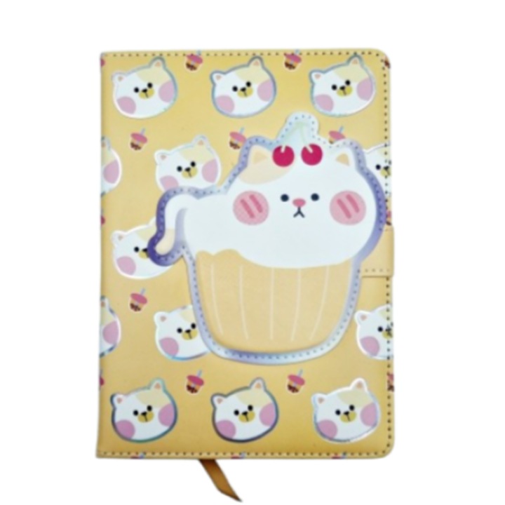 Jurnal inchis cu un magnet mare, coperta cu piele, interior colorat, format A5, 112 coli, model de pisicuta