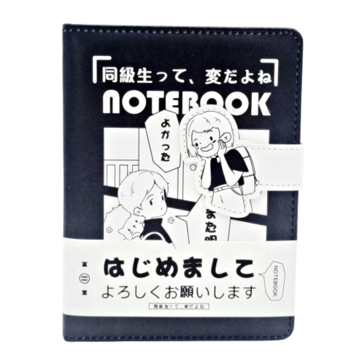 Jurnal, legare piele alb-negru, interior cu poze, format B6, 112 coli, inchis cu un magnet mare, model baiat si fata