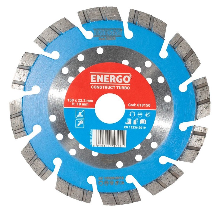 Disc diamantat taiere CONSTRUCT-TURBO 150x22.2mm T10 sector cu pastile -turbo beton-armat pavele boltari piatra-dura Energo