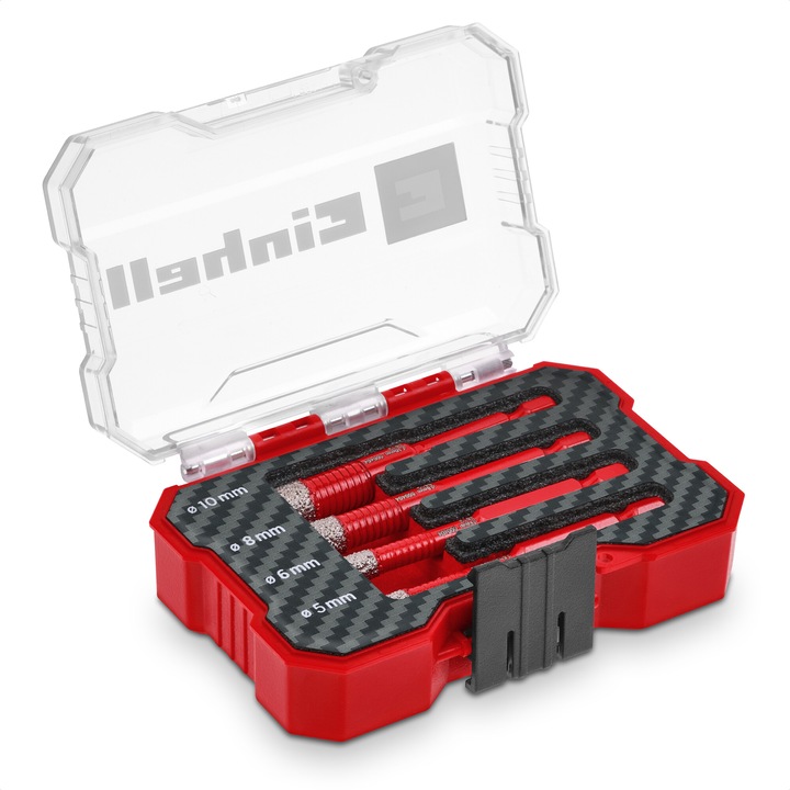 Set de burghie diamantate Einhell XS-CASE 4 bucati, taiere uscata, taiere cu diamant de 7 mm, muchie de taiere turbo super subtire, tija E 6.3, inclus cutie de depozitare