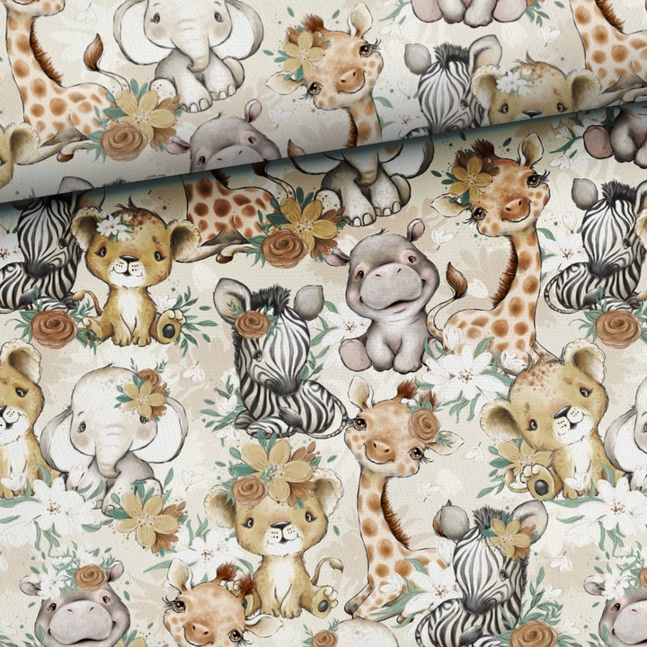 Material textil, Bumbac imprimat Animale africane Fete, bumbac 100%