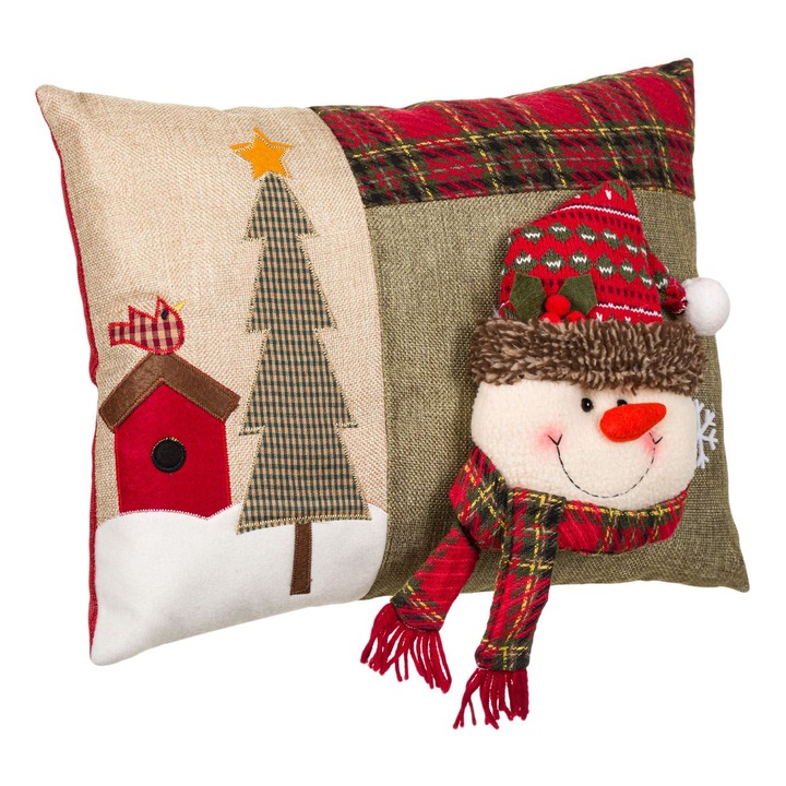 Karácsonyi díszpárna, Patchwork mintás, bézs-piros, 41x32cm