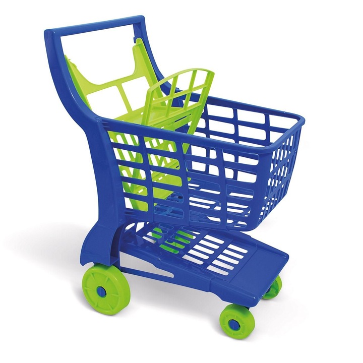 Carucior Supermarket Jucarie, Albastru, Roti Verde Lime, Plastic